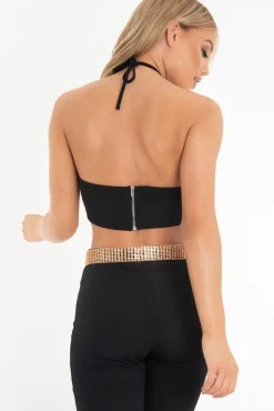 Rebellious Fashion Copper Sequin Halter Neck Split Front Crop Top - Reese
