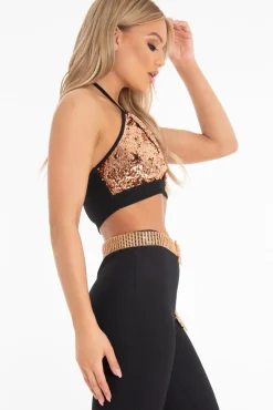 Rebellious Fashion Copper Sequin Halter Neck Split Front Crop Top - Reese