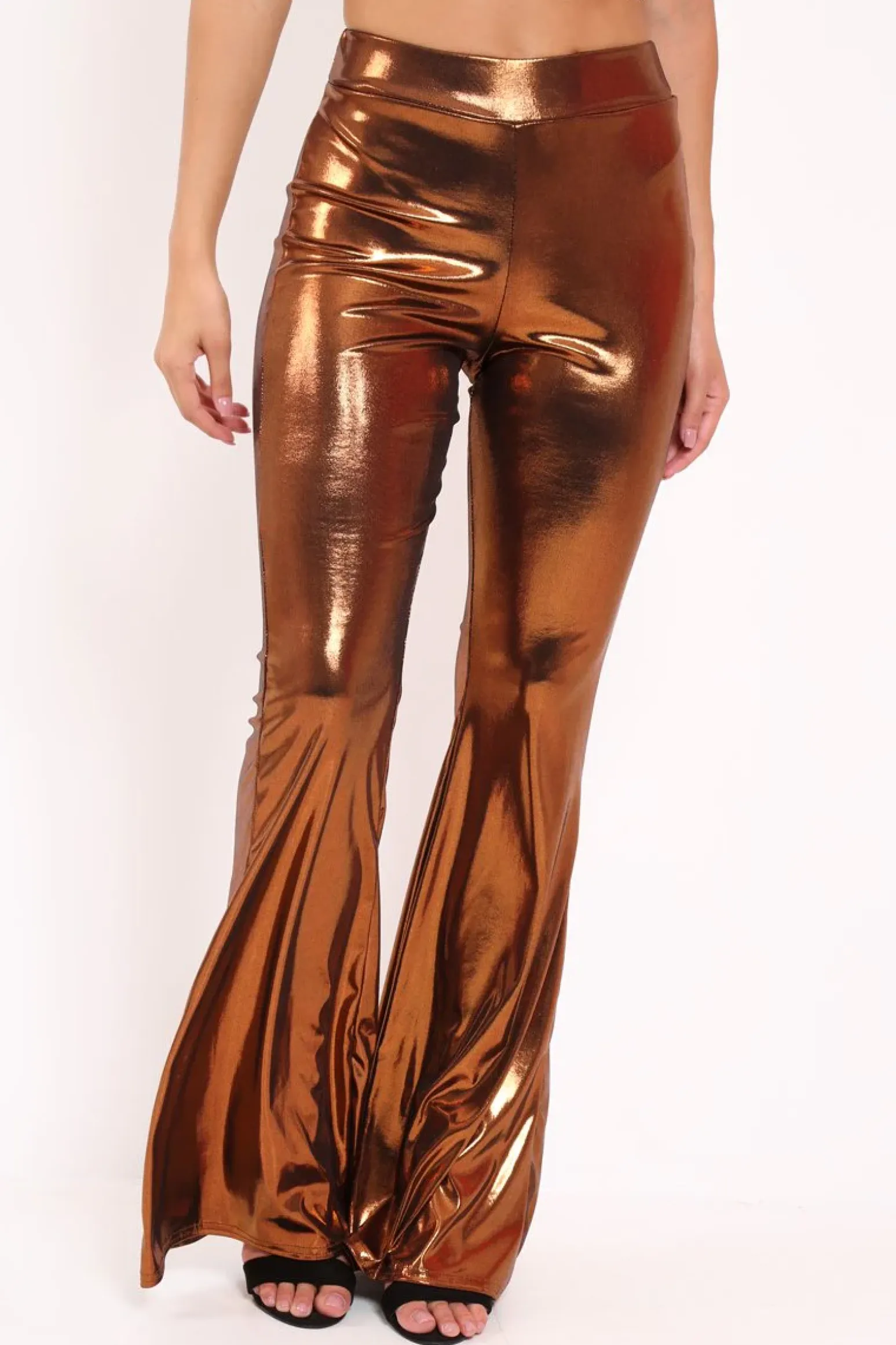 Rebellious Fashion Copper Shiny Metallic High Waist Kick Flare Trousers - Islee