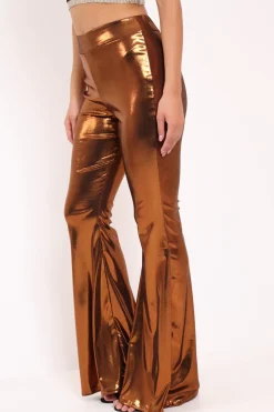Rebellious Fashion Copper Shiny Metallic High Waist Kick Flare Trousers - Islee