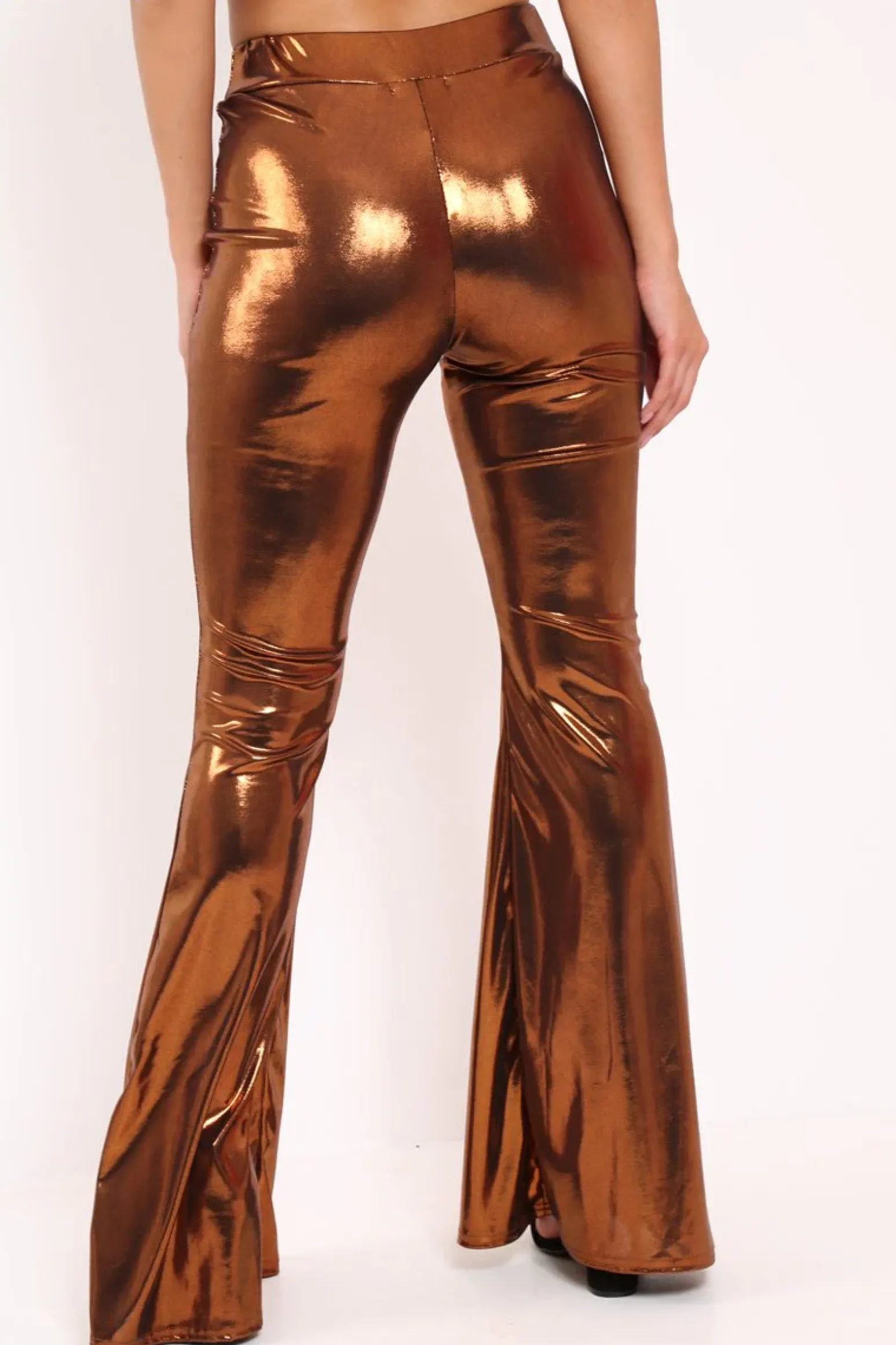 Rebellious Fashion Copper Shiny Metallic High Waist Kick Flare Trousers - Islee