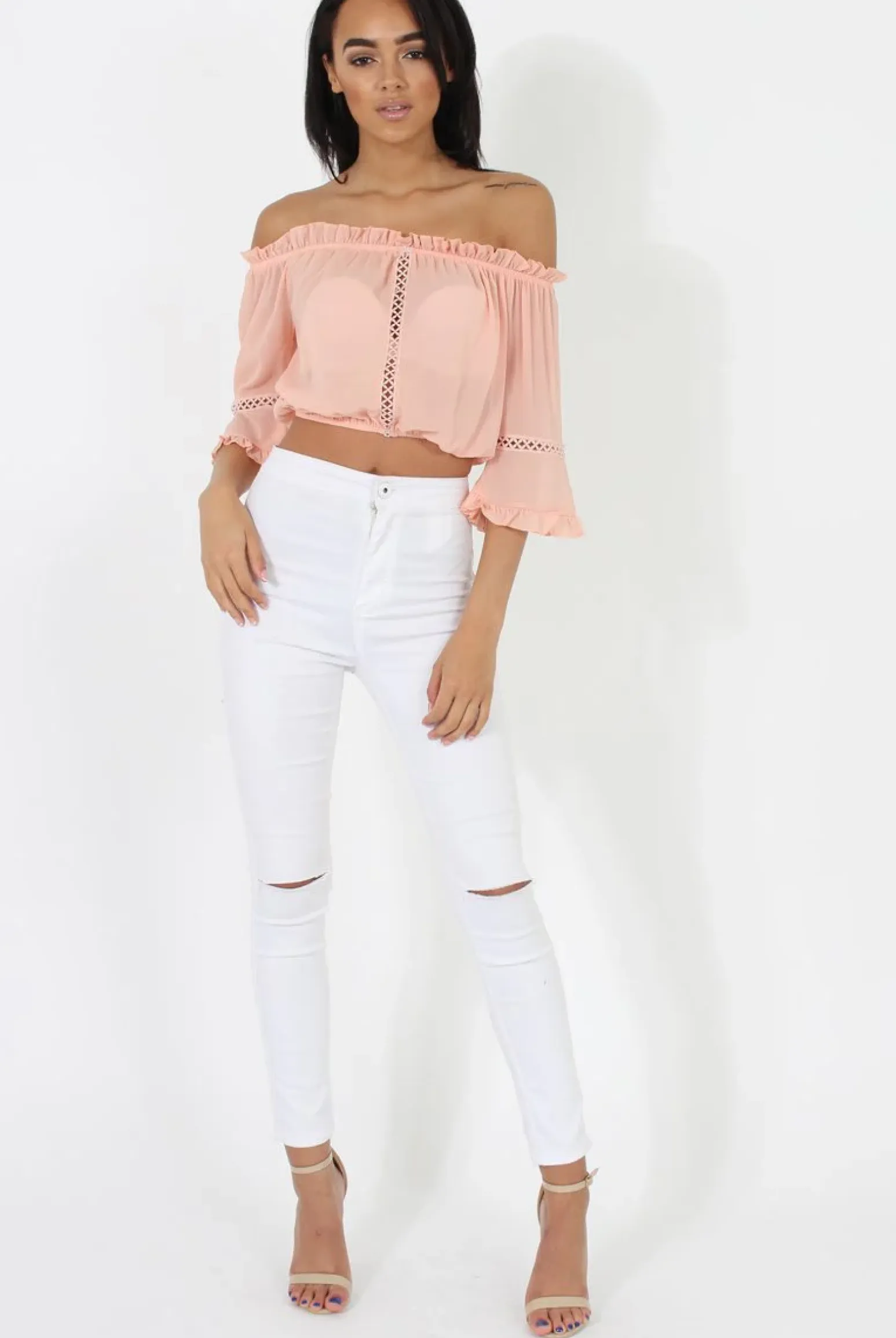 Rebellious Fashion Coral Bardot Crochet Detail Crop- Bernie