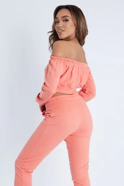 Rebellious Fashion Coral Drawstring Crop Top and & Joggers Set - Giavana