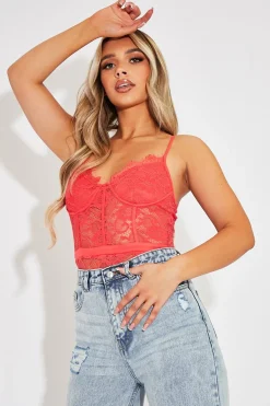 Rebellious Fashion Coral Lace Flower Bodysuit - Faylen
