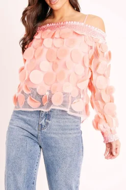Rebellious Fashion Coral Layered Applique Mesh Insert Blouse - Jadelynn