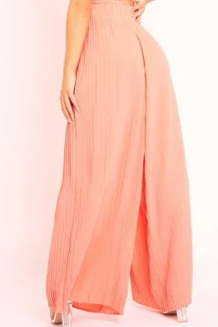 Rebellious Fashion Coral Plisse Frill Waist Wide Leg Trousers - Otta