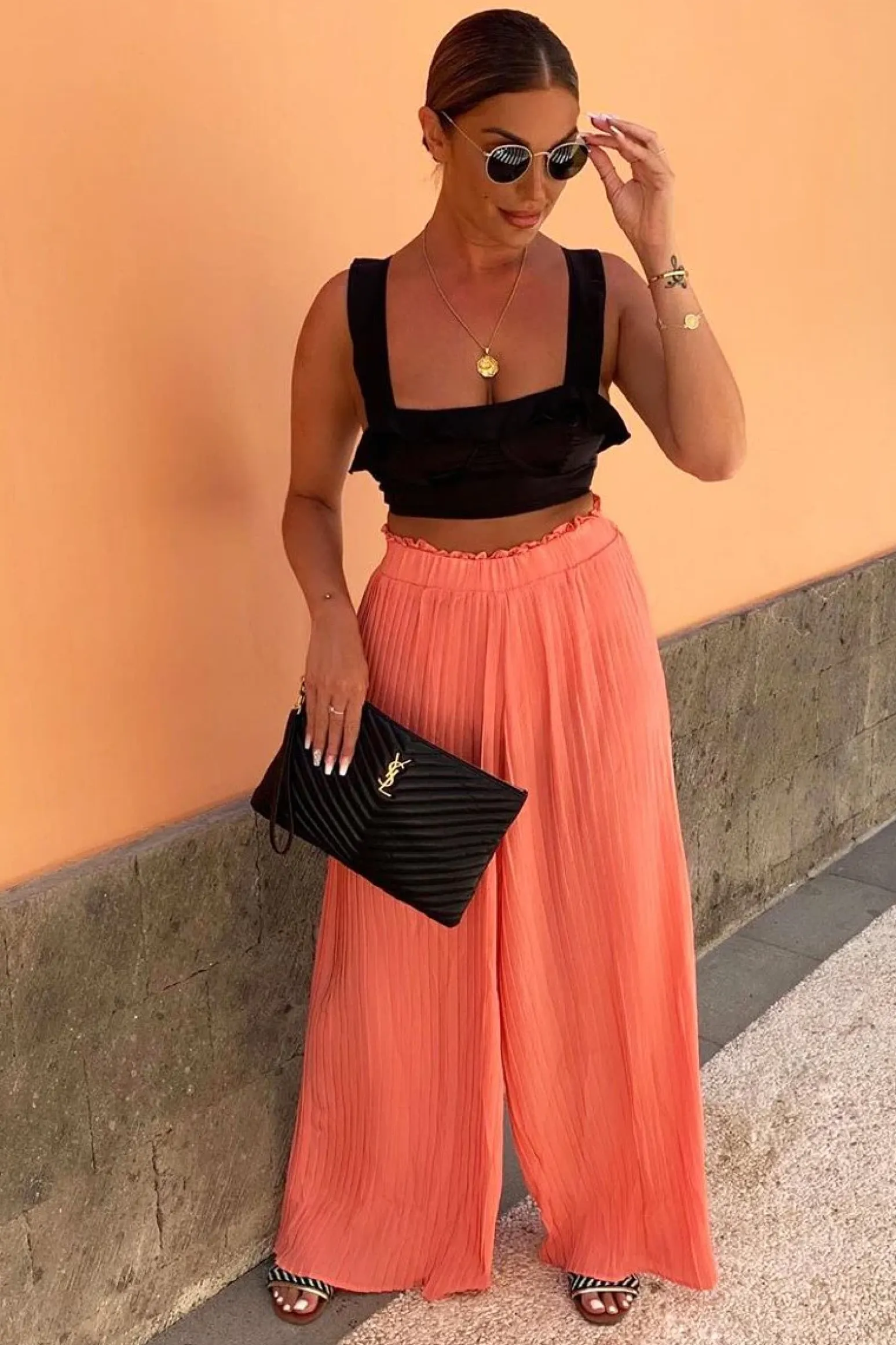Rebellious Fashion Coral Plisse Frill Waist Wide Leg Trousers - Otta