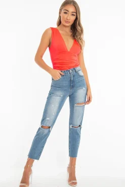 Rebellious Fashion Coral Plunge Ruched Bodysuit - Sookie