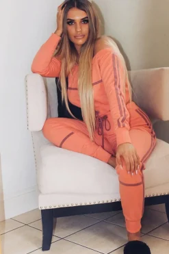Rebellious Fashion Coral Purple Stripe Detail Tie Waist Sweatshirt and Jogger Set - Zamiya
