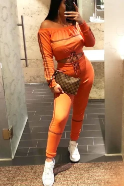 Rebellious Fashion Coral Purple Stripe Detail Tie Waist Sweatshirt and Jogger Set - Zamiya