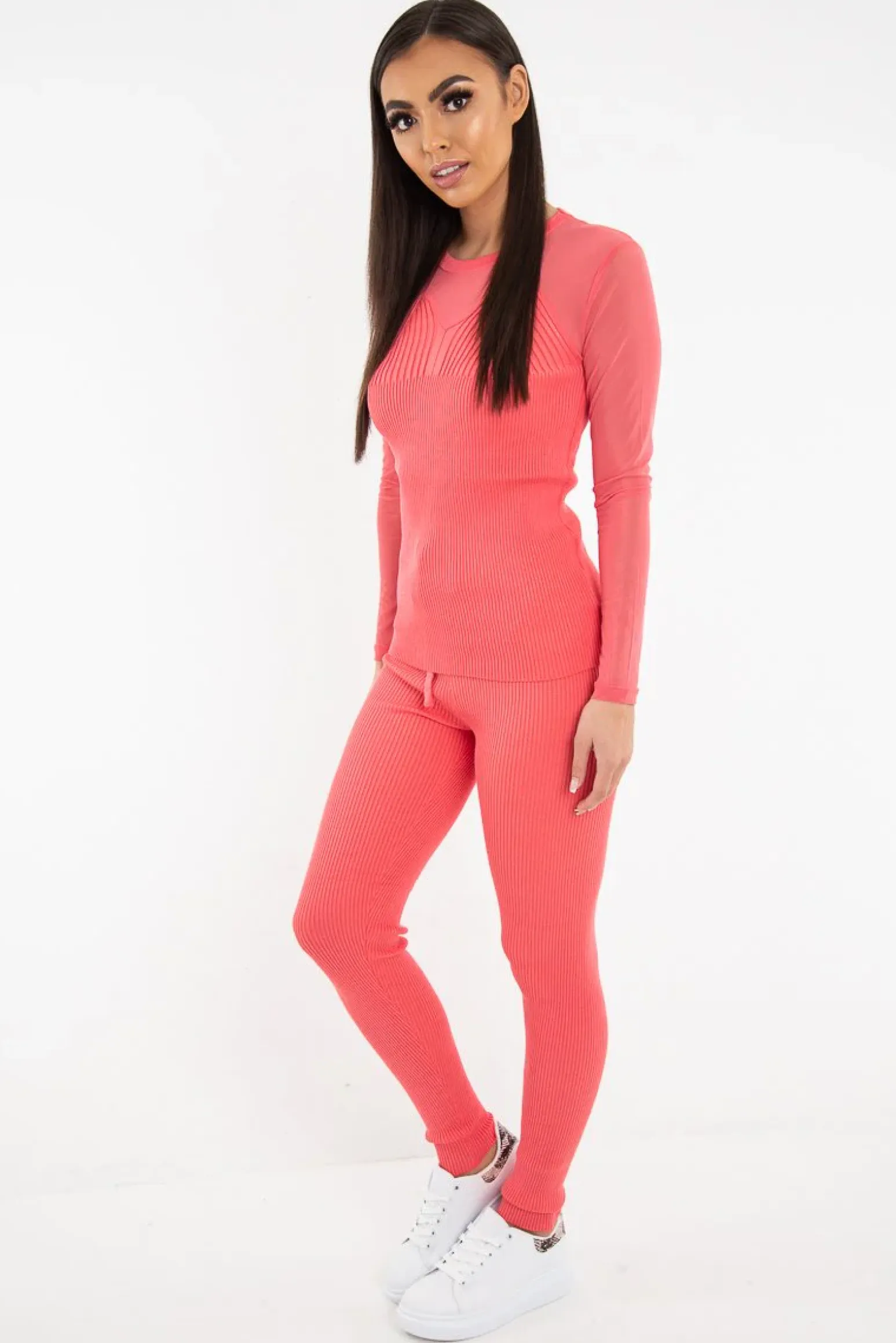Rebellious Fashion Coral Rib Knit Mesh Insert Loungewear Set - Genavie