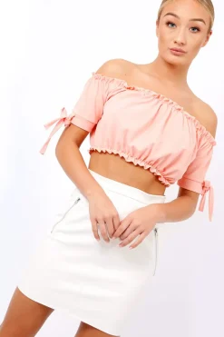 Rebellious Fashion Coral Ruched Bardot Gypsy Crop Top - Janette