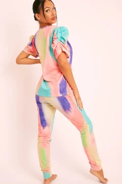 Rebellious Fashion Coral Tie Die Puff Sleeve Loungewear Co-ord - Okla