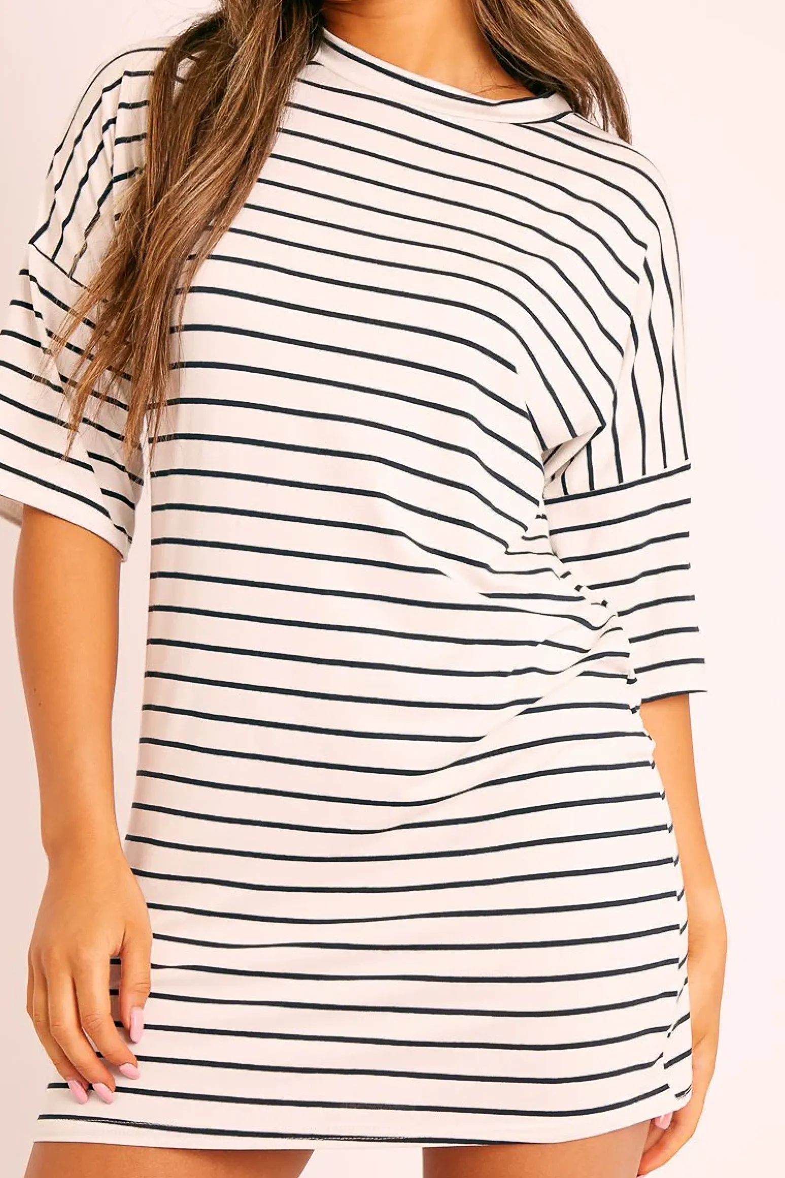Rebellious Fashion Cream Black Striped T-shirt Dress - Hanaa