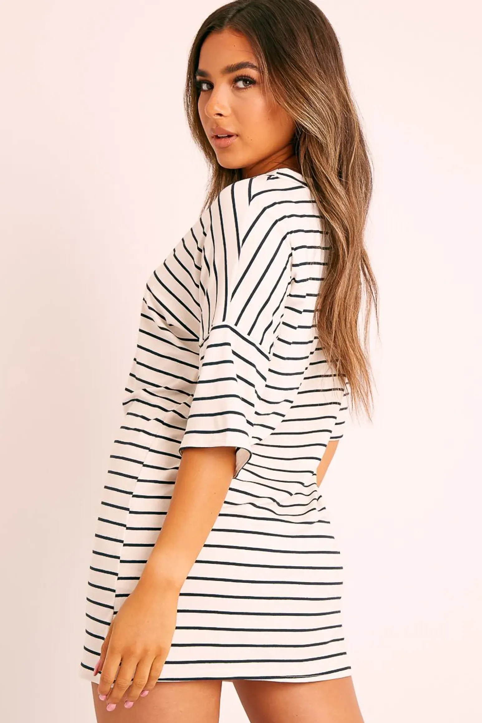 Rebellious Fashion Cream Black Striped T-shirt Dress - Hanaa