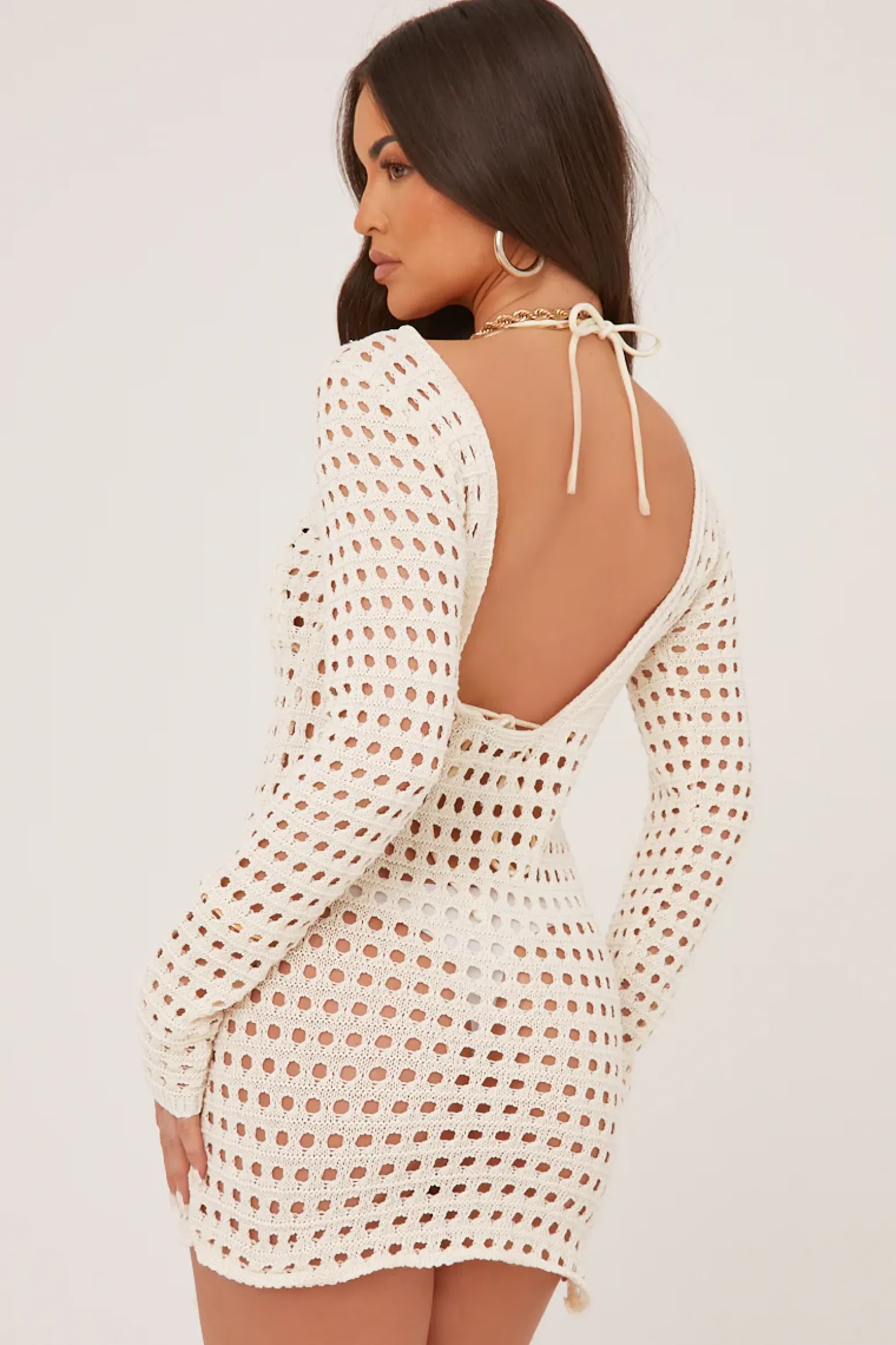 Rebellious Fashion Cream Crochet Scoop Back Mini Dress - Mazi