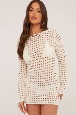 Rebellious Fashion Cream Crochet Scoop Back Mini Dress - Mazi