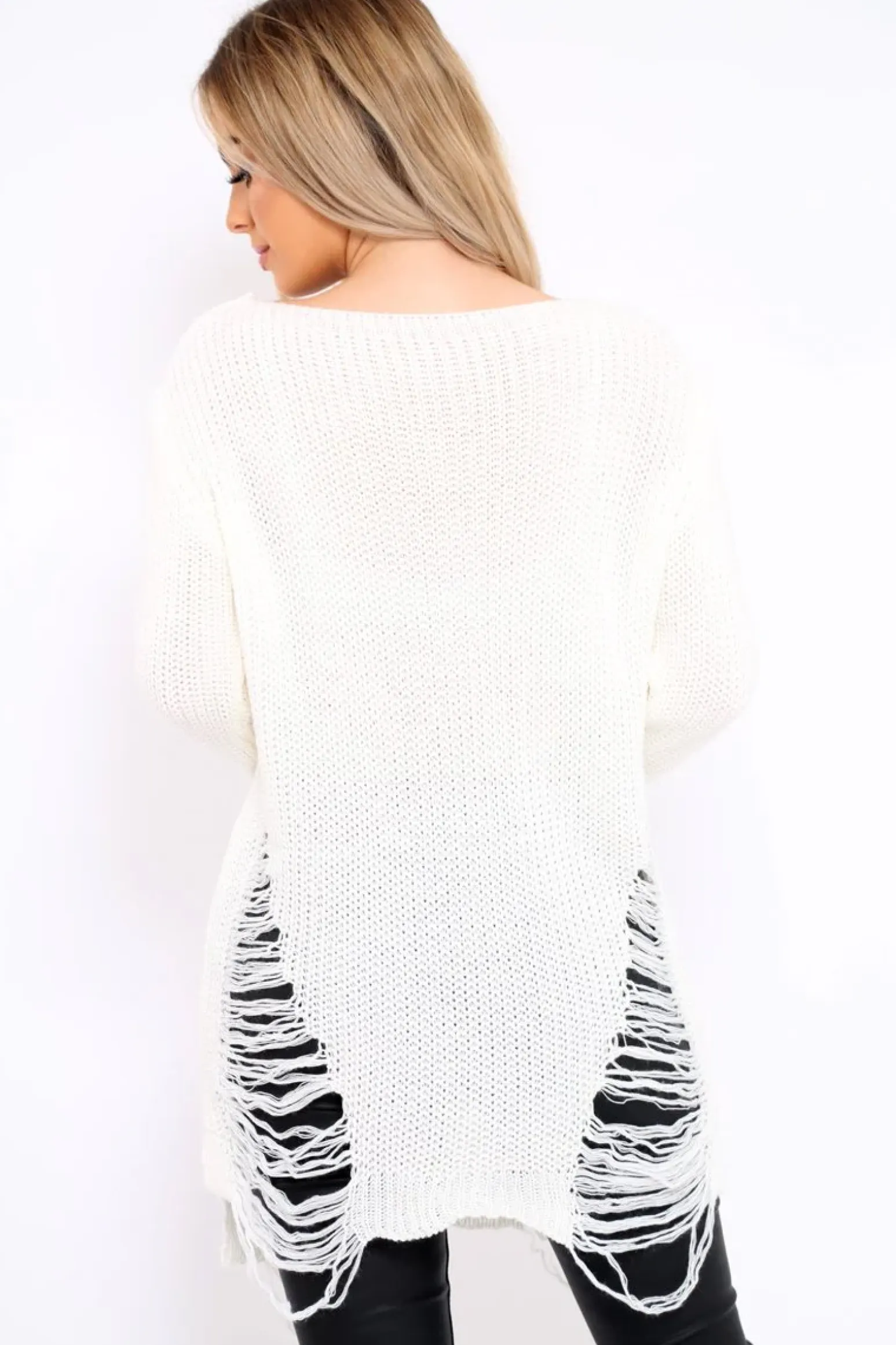 Rebellious Fashion Cream Distressed Jumper Dress - Kim