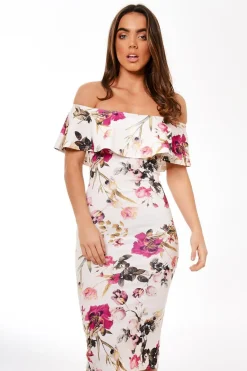 Rebellious Fashion Cream Frill Bardot Floral Midi Dress - Joanne