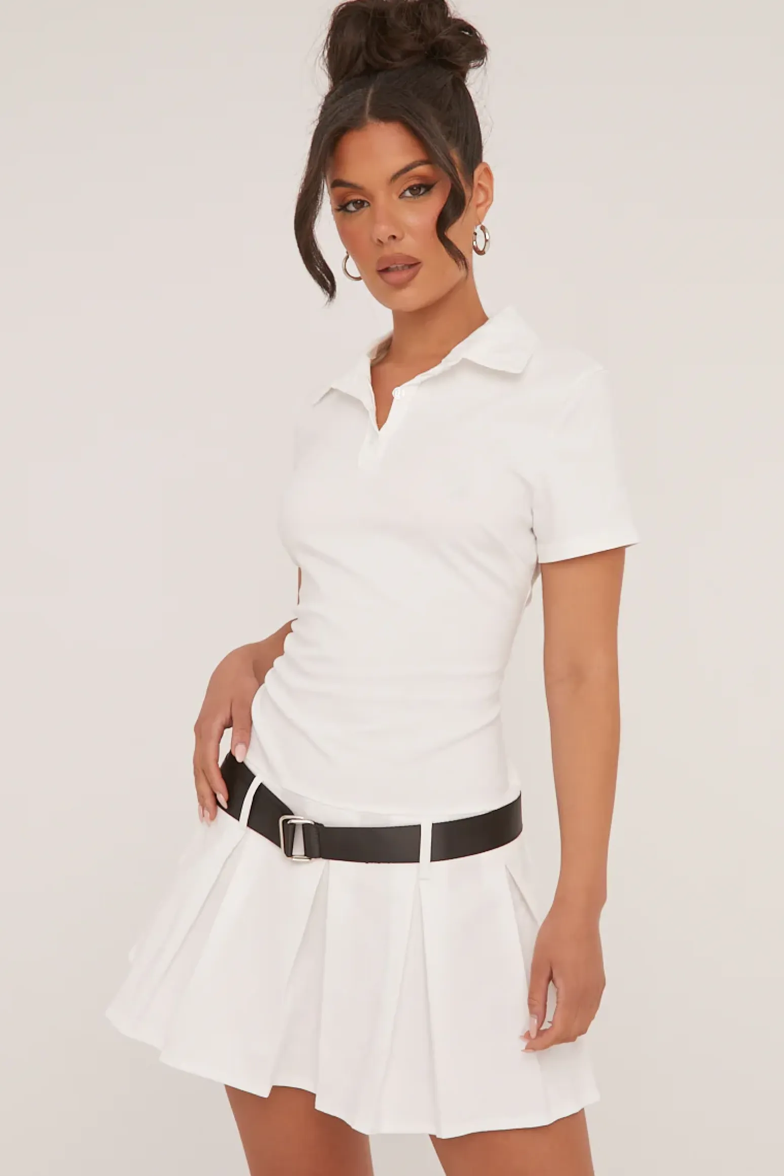 Rebellious Fashion Cream Pleated Hem Belt Detail Mini Dress - Millie