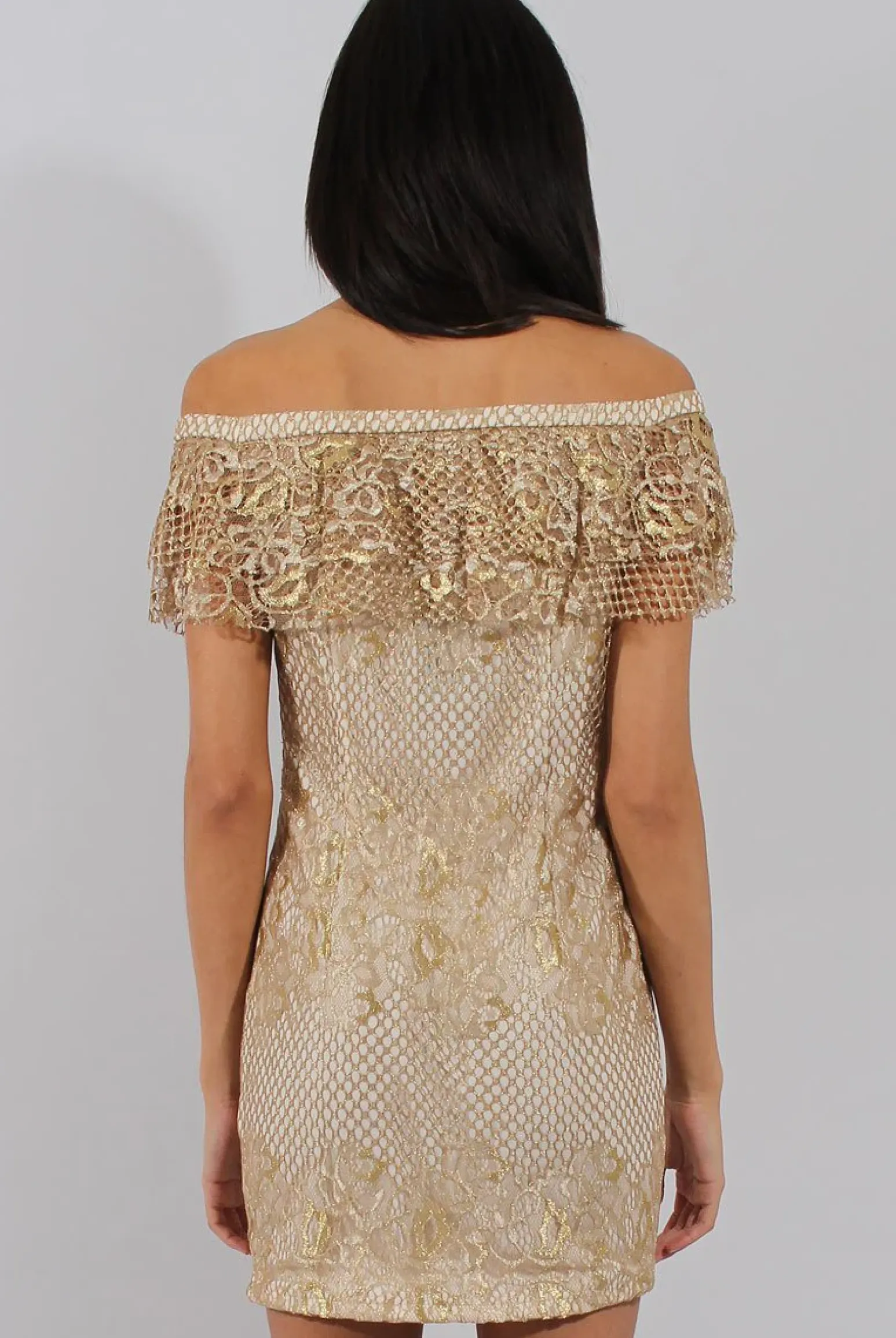 Rebellious Fashion Cream And Gold Lace Frill Bardot Choker Dress - Jolie