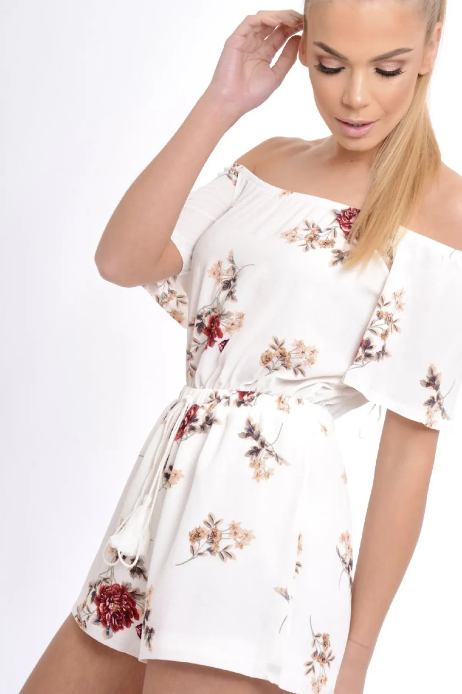 Rebellious Fashion Cream Bardot Floral Tassel Playsuit - Keren