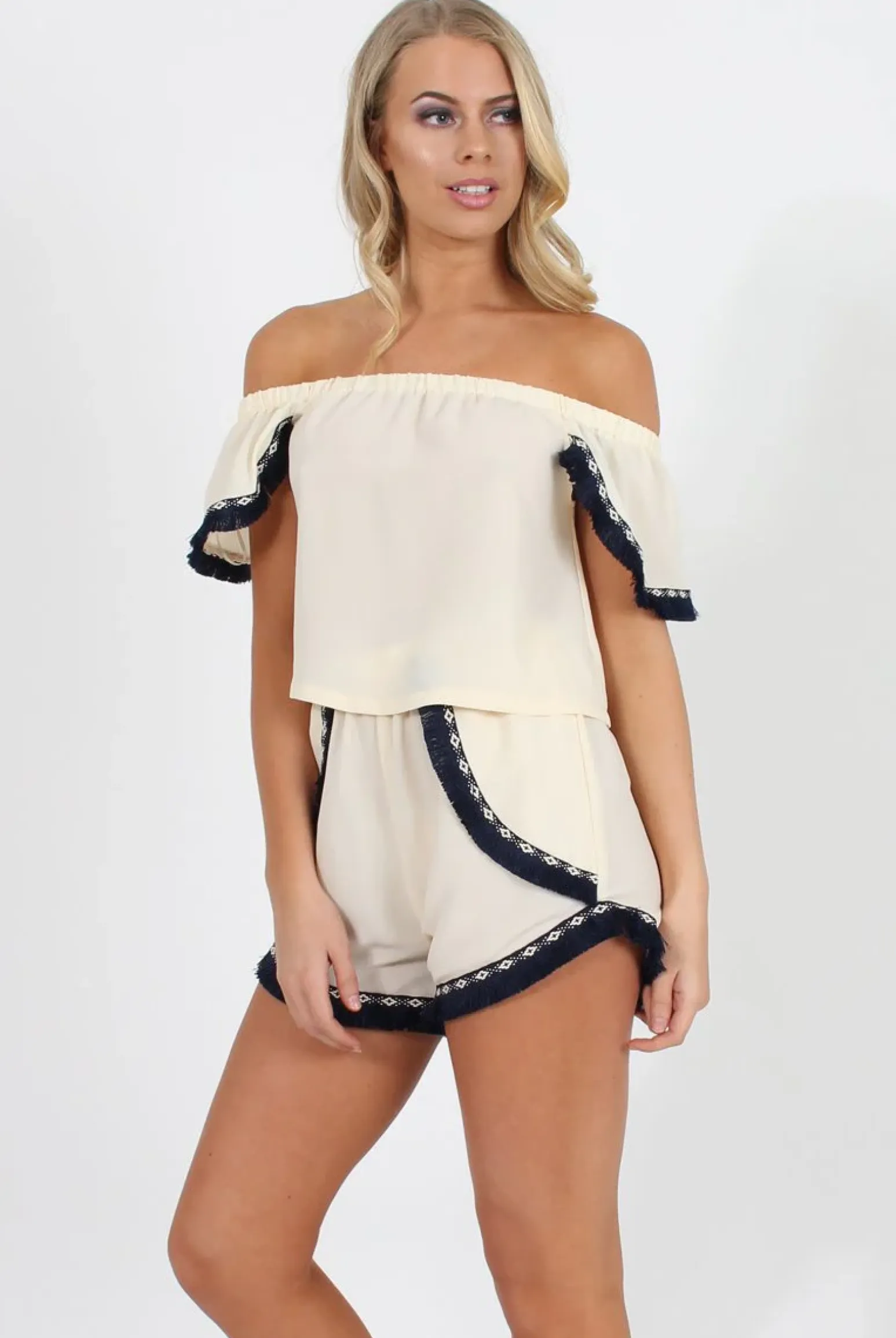 Rebellious Fashion Cream Bardot Two Piece - Jessica