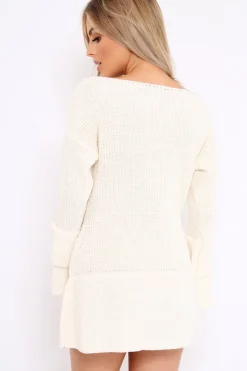 Rebellious Fashion Cream Bell Sleeve Extreme Hem Chunky Knit Jumper Dress - Paige