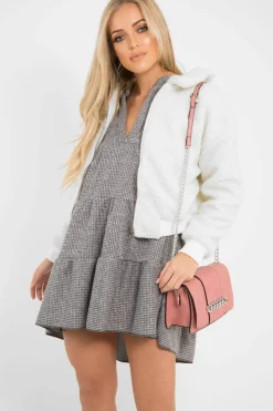 Rebellious Fashion Cream Borg Cropped Bomber Jacket - Heidy