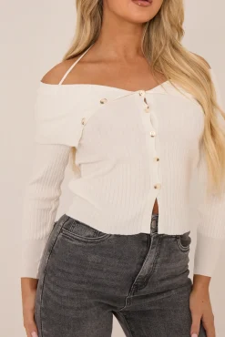 Rebellious Fashion Cream Button Front Fold Down Knitted Jumper - Alvina