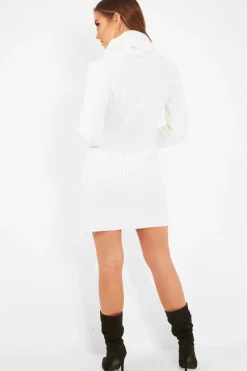 Rebellious Fashion Cream Button Front Roll Neck Jumper Dress - Ericka