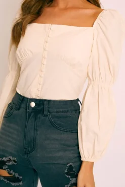 Rebellious Fashion Cream Button Up Milkmaid Crop Top - Miyah