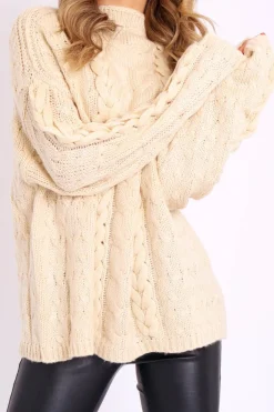 Rebellious Fashion Cream Cable Knit High Neck Oversized Jumper - Kiyla