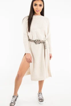 Rebellious Fashion Cream Cable Knit Side Split Jumper Dress - Maniya