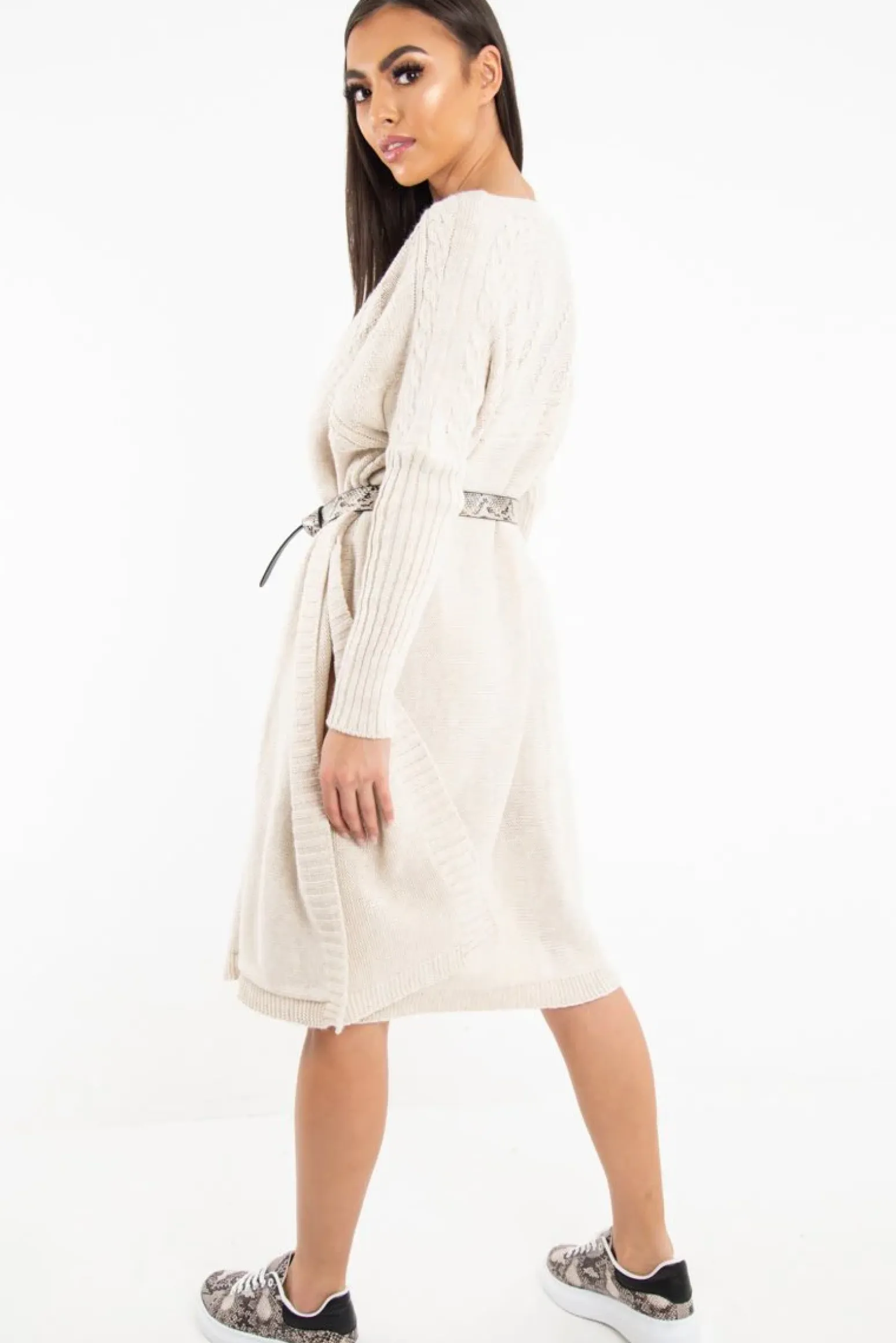 Rebellious Fashion Cream Cable Knit Side Split Jumper Dress - Maniya