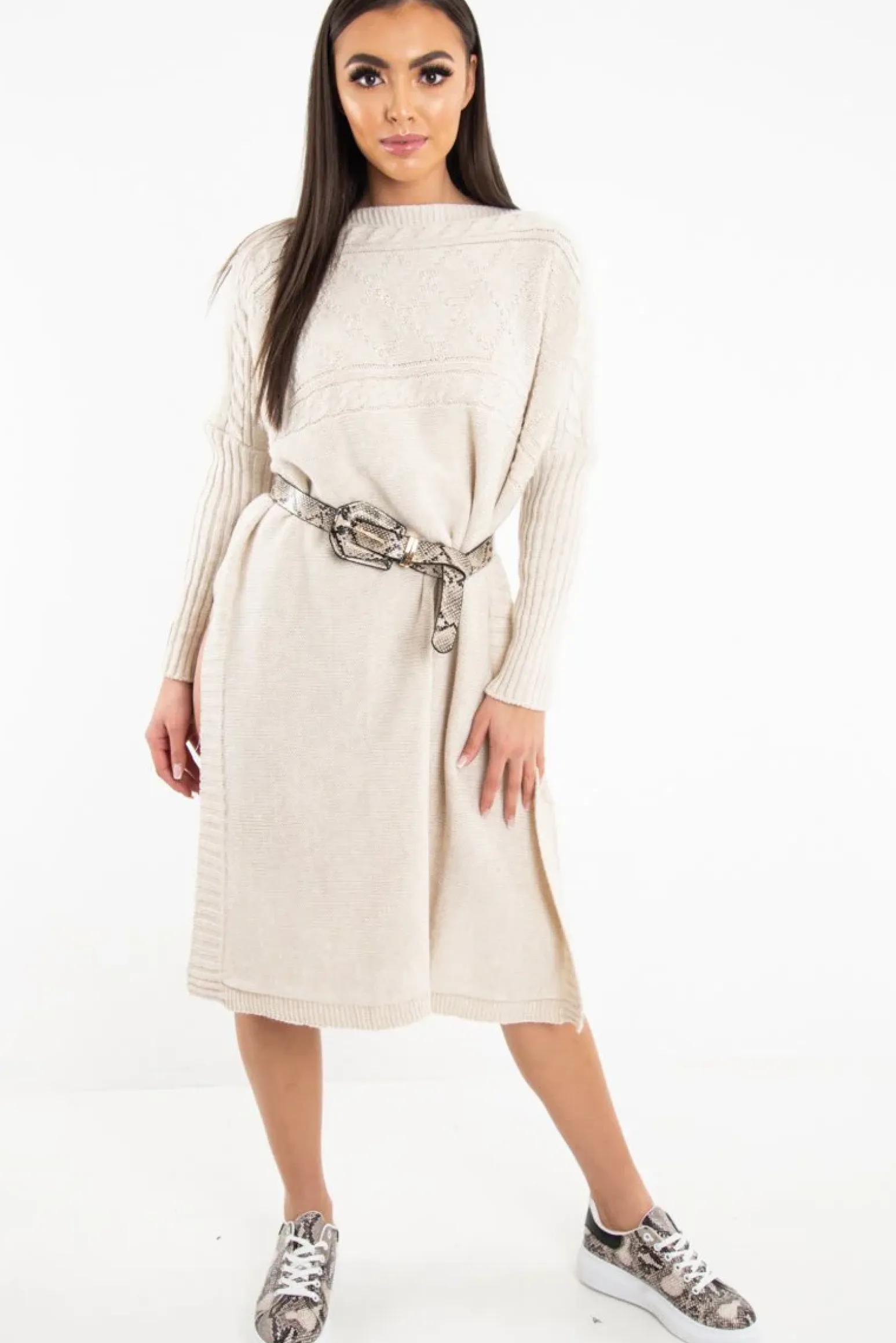 Rebellious Fashion Cream Cable Knit Side Split Jumper Dress - Maniya
