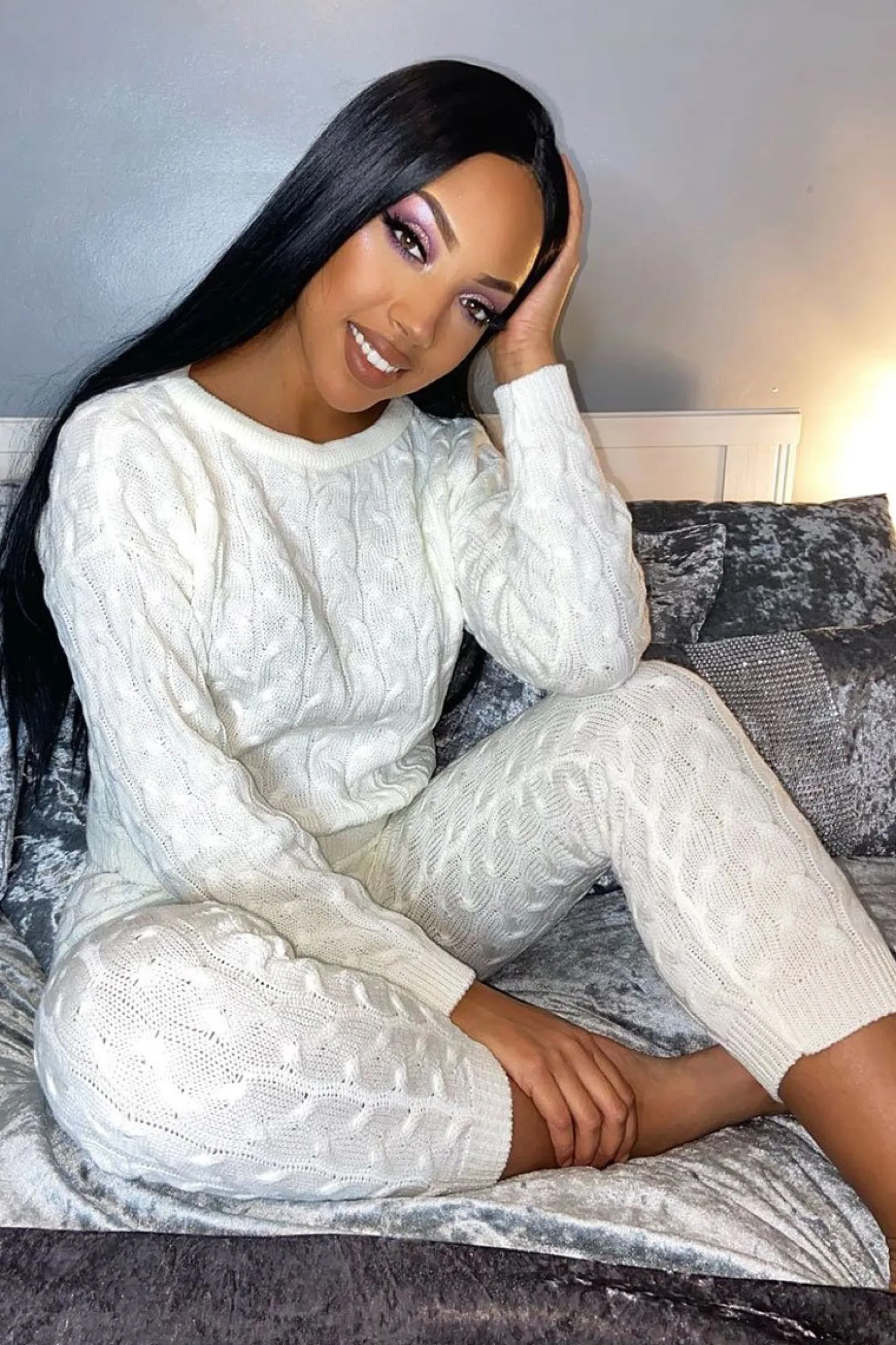 Rebellious Fashion Cream Cable Knit Sweater and Leggings Loungewear Co-ord - Ionia