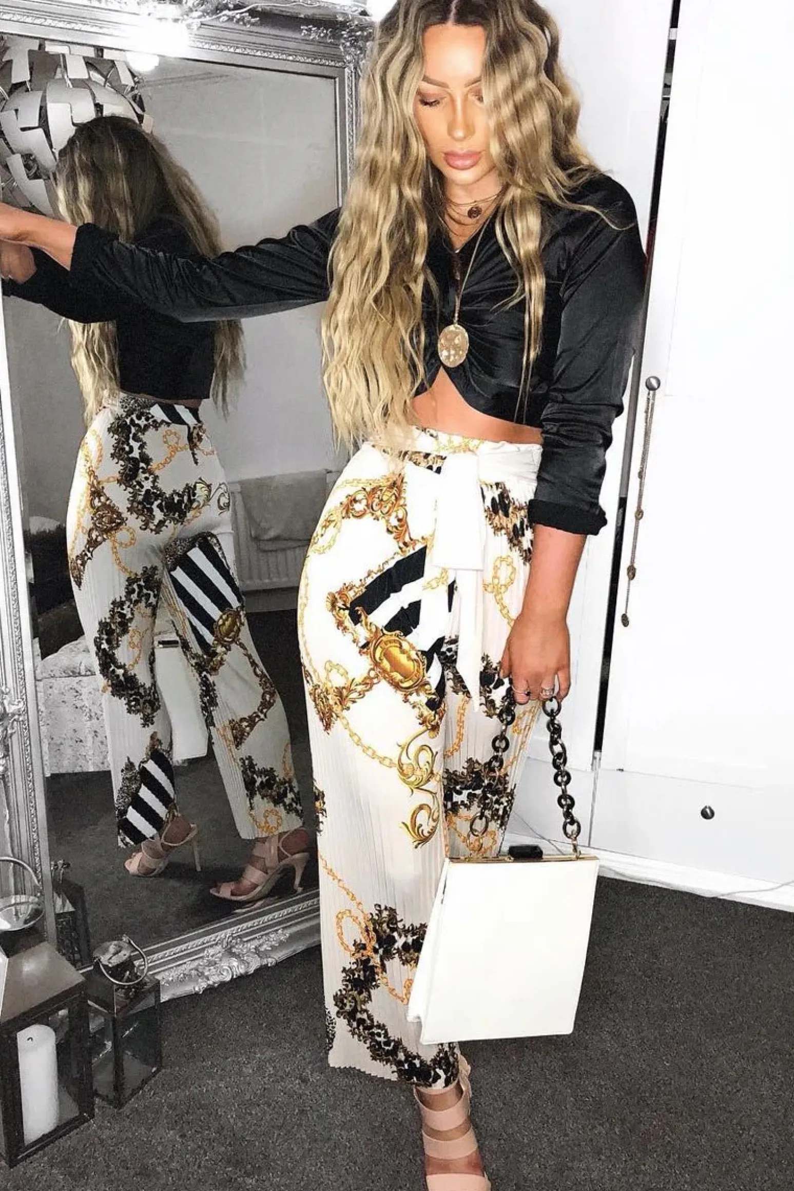 Rebellious Fashion Cream Chain Pleated Wide Leg Trousers - Neola