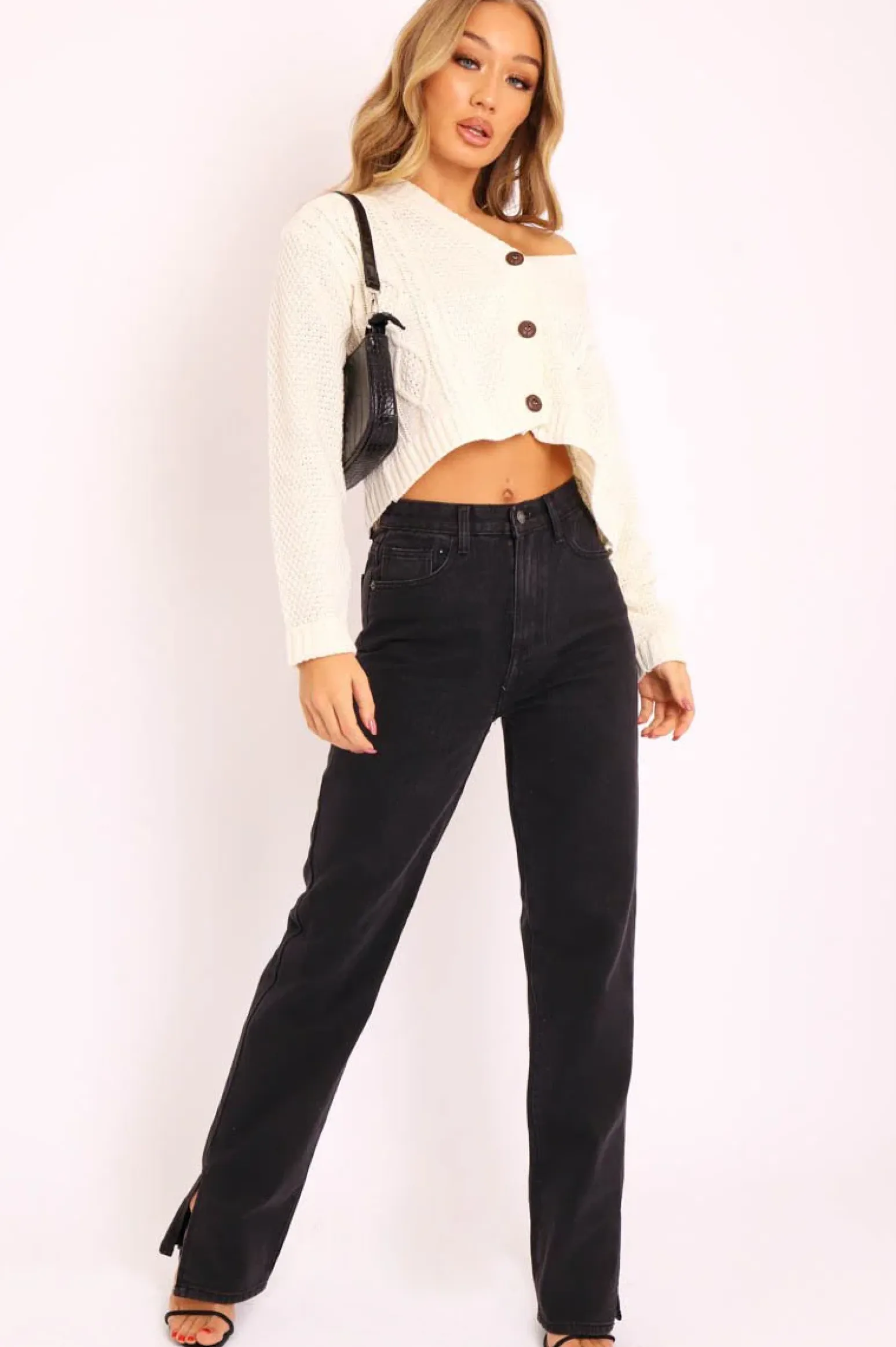 Rebellious Fashion Cream Chunky Knit Button Up Crop Cardigan - Elly