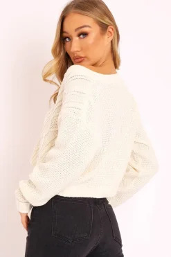 Rebellious Fashion Cream Chunky Knit Button Up Crop Cardigan - Elly