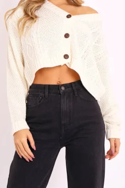 Rebellious Fashion Cream Chunky Knit Button Up Crop Cardigan - Elly