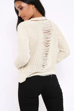 Rebellious Fashion Cream Chunky Knit Distressed Jumper - Bella