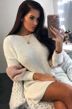 Rebellious Fashion Cream Chunky Knit Fur Sleeve Jumper Dress - Jaycee