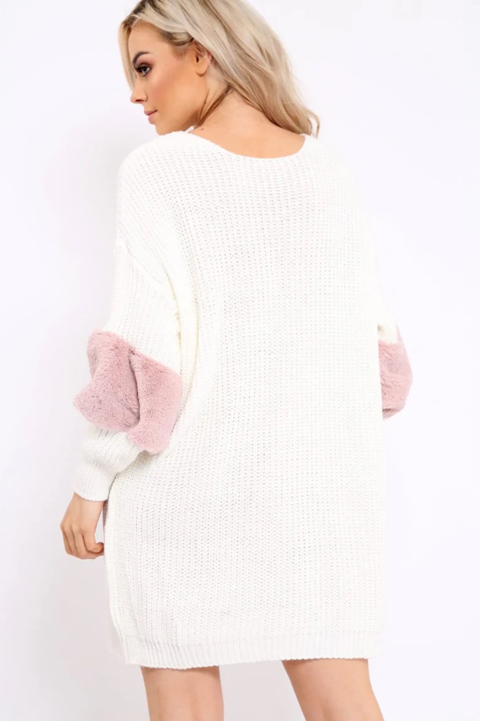 Rebellious Fashion Cream Chunky Knit Fur Sleeve Jumper Dress - Jaycee
