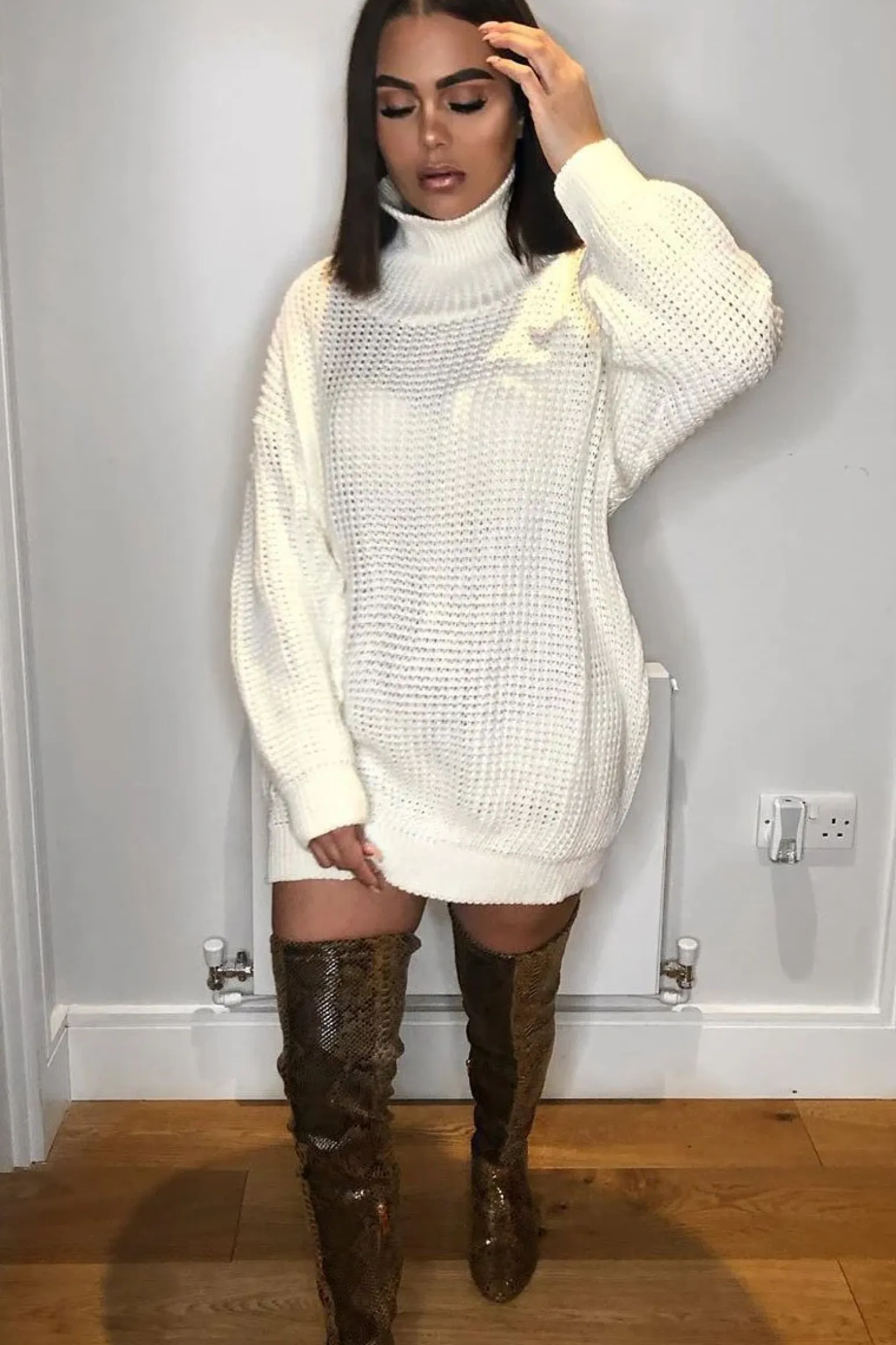 Rebellious Fashion Cream Chunky Knit Jumper Dress - Maci