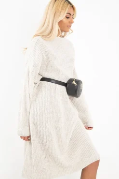 Rebellious Fashion Cream Chunky Knit Slash Neck Jumper Dress - Hessie