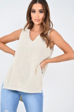Rebellious Fashion Cream Chunky Knit Sleeveless V Neck Jumper - Zaliyah
