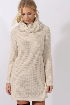 Rebellious Fashion Cream Chunky Turtleneck Knit Jumper Dress - Cloe