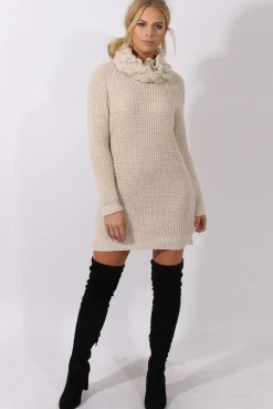 Rebellious Fashion Cream Chunky Turtleneck Knit Jumper Dress - Cloe