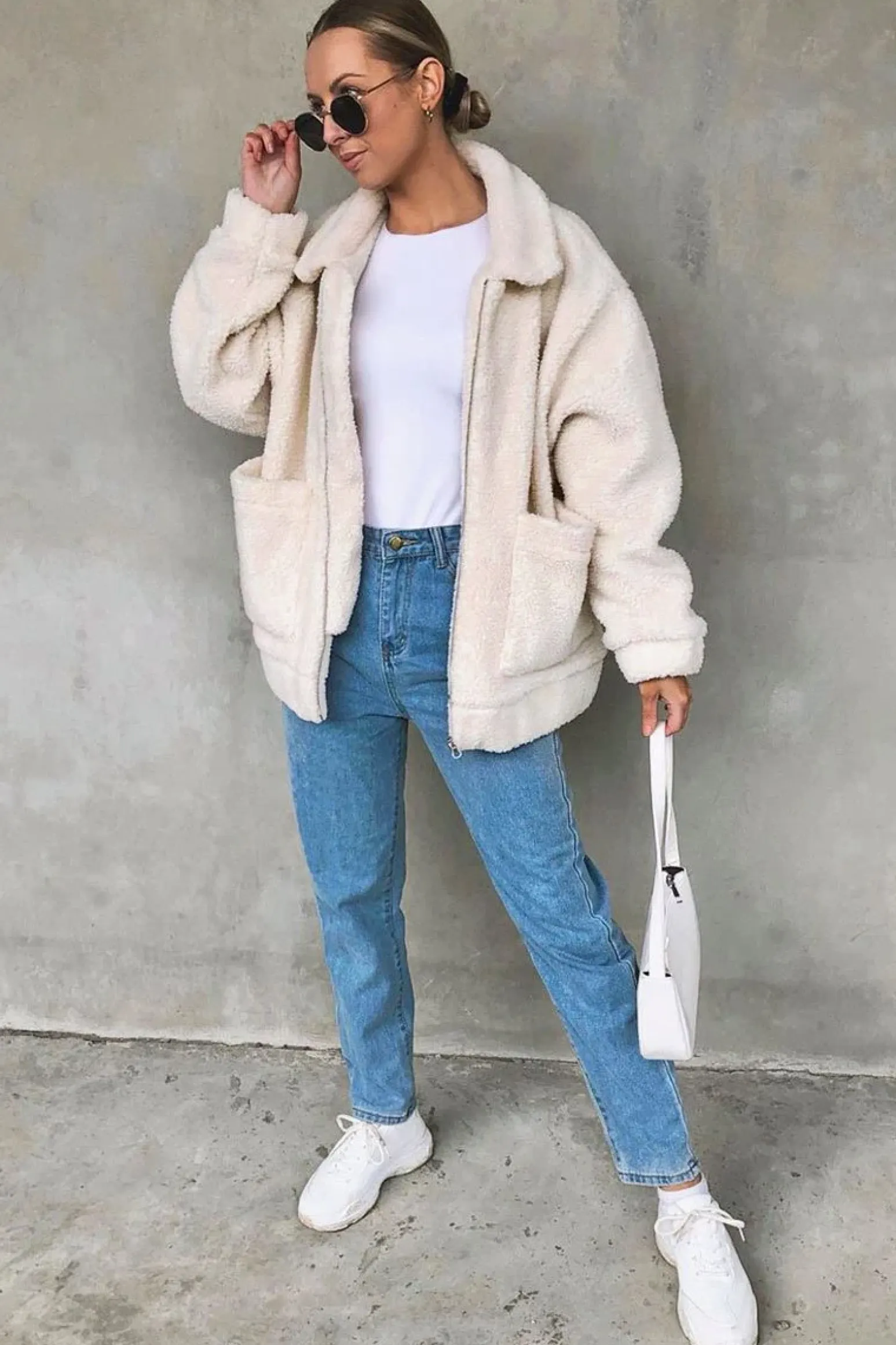 Rebellious Fashion Cream Collar Zip Front Borg Teddy Jacket - Kaleah